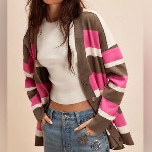 Free People Pink and Brown Striped Cardigan